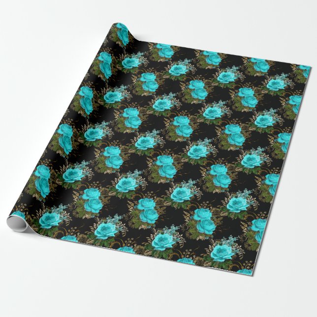 Vintage Teal and Gold Roses Wrapping Paper (Unrolled)