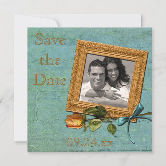 Vintage Teal and Gold Save the Date Card (Front)