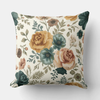 Vintage Teal and Mustard Watercolor Floral Pattern Cushion