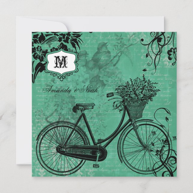 Vintage Teal Bicycle Square Wedding Invitation (Front)