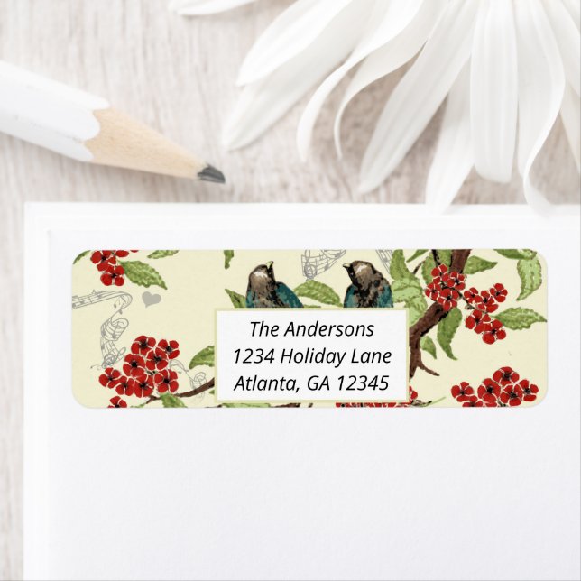 Vintage Teal Birds Burgundy Floral Spring Trees (Insitu)