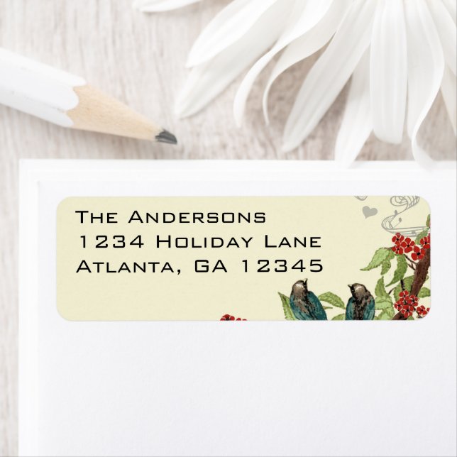 Vintage Teal Birds Burgundy Flowering Branch Label (Insitu)