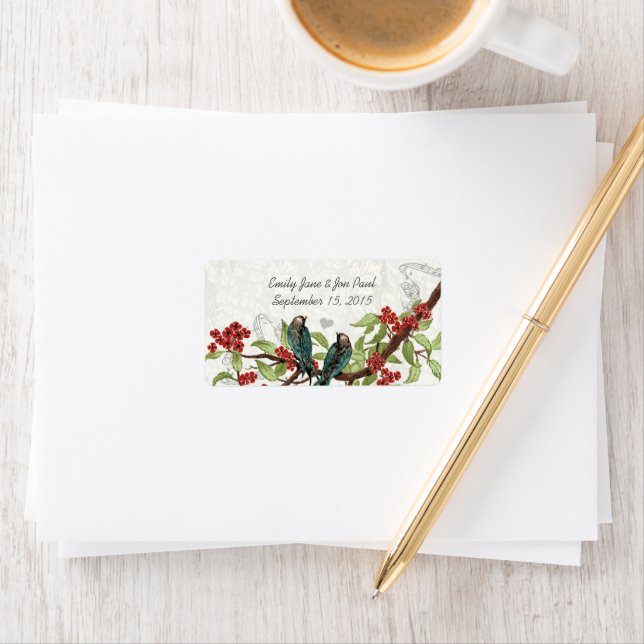 Vintage Teal Birds Burgundy Flowering Branch RSVP  Label (Insitu)