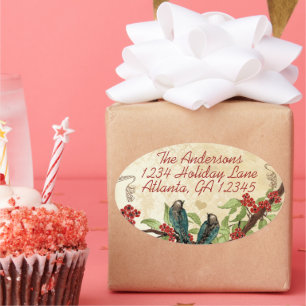 Vintage Teal Birds Burgundy Red Blooming Tree Oval Sticker