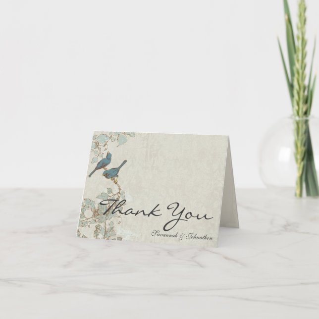 Vintage Teal Birds Damask Thank You Cards (Front)