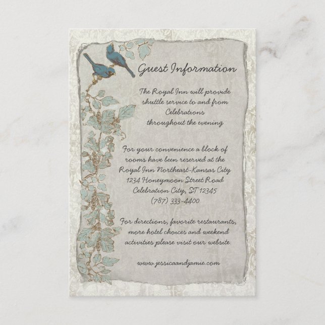 Vintage Teal Birds Damask Wedding Information Card (Front)