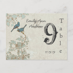 Vintage Teal Birds Damask Wedding Table Number Postcard