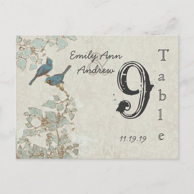 Vintage Teal Birds Damask Wedding Table Number Postcard (Front)