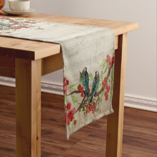 Vintage Teal Birds Musical Notes Pattern Short Table Runner