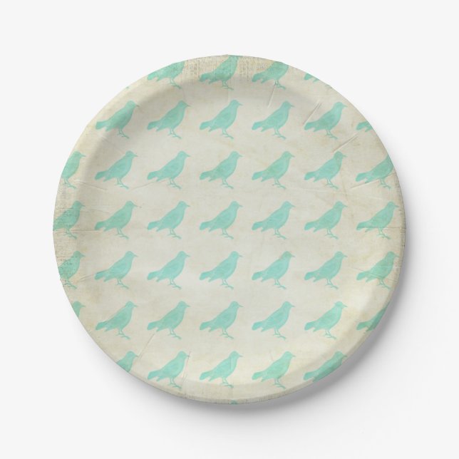 Vintage Teal Birds Paper Plate (Front)