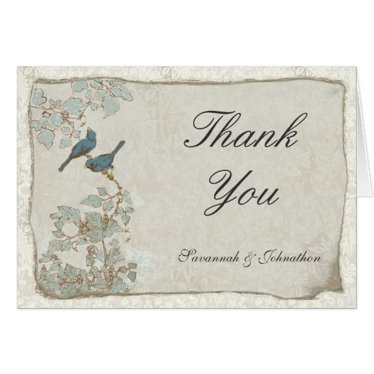 Vintage Teal Birds Parchment Damask Thank You Card