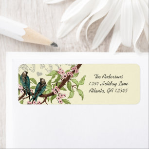 Vintage Teal Birds Pink Flowering Branch Label