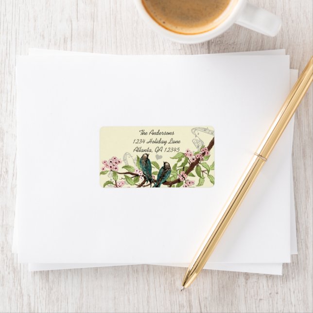 Vintage Teal Birds Pink Flowering Branch Label (Insitu)