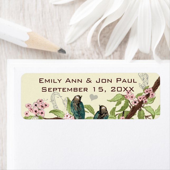 Vintage Teal Birds Pink Flowering Branch Label (Insitu)