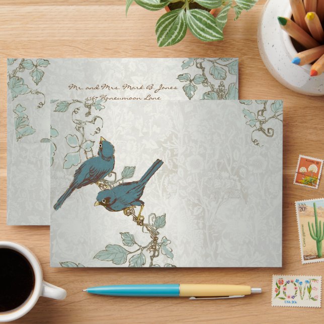 Vintage Teal  Birds Wedding Envelope (Desk)