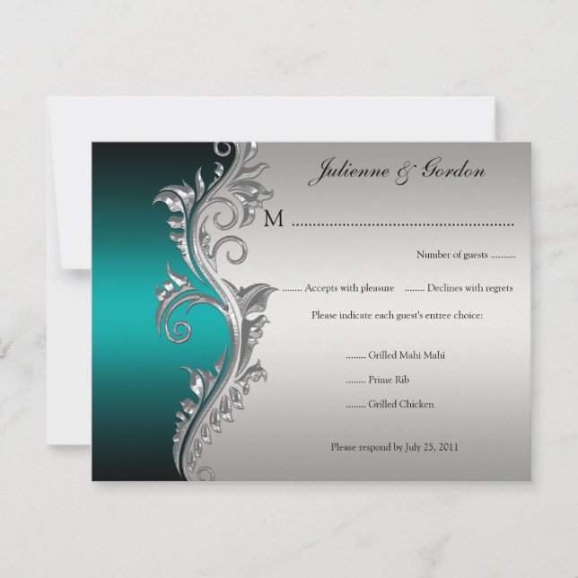 Vintage Teal Black and Silver Floral RSVP (Front)