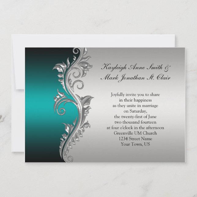 Vintage Teal Black and Silver Wedding Invitation (Front)