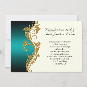 Vintage Teal Black Gold Ivory Wedding Invitation