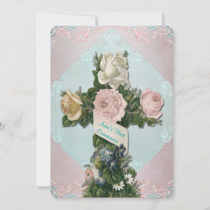 Vintage Teal Blue and Pink First Communion Invitation