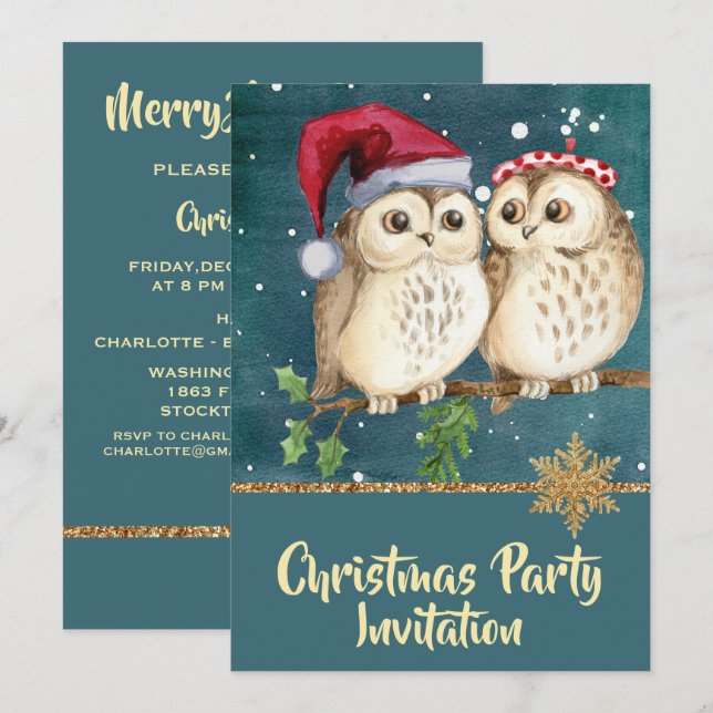 Vintage Teal Blue Christmas Owls Party Invitation (Front/Back)