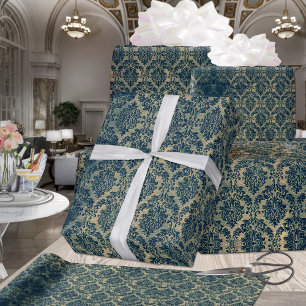 Vintage Teal Blue Gold Floral Wreath Damask Wrapping Paper