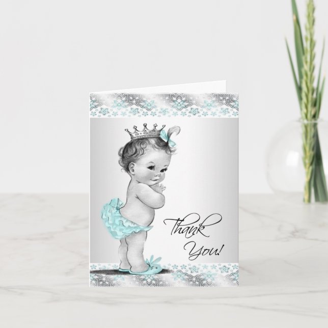 Vintage Teal Blue Princess Baby Thank You Cards (Front)