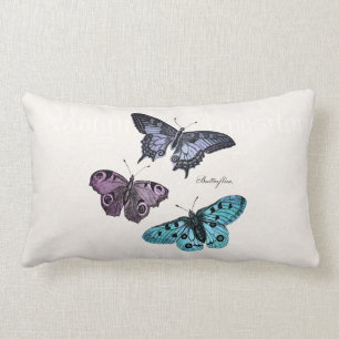 Vintage Teal Blue Purple Pink Butterfly Drawing Lumbar Cushion