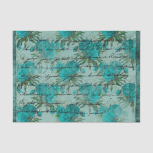 Vintage Teal Blue Roses and Script Tissue Paper