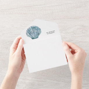 Vintage Teal Blue Single Seashell Wedding All In One Invitation