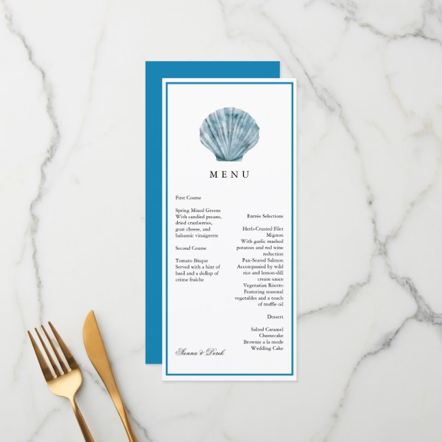 Vintage Teal Blue Single Seashell Wedding Menu (Front/Back In Situ)