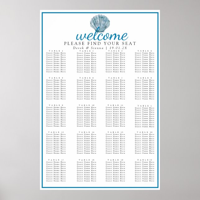 Vintage Teal Blue Single Seashell Wedding Seating Poster (Front)