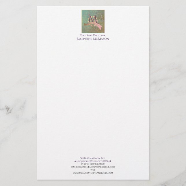 Vintage Teal&Blush Monogram Business Stationery (Front)