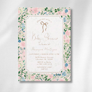 Vintage Teal Blush Sage Floral Bow Baby Shower Invitation