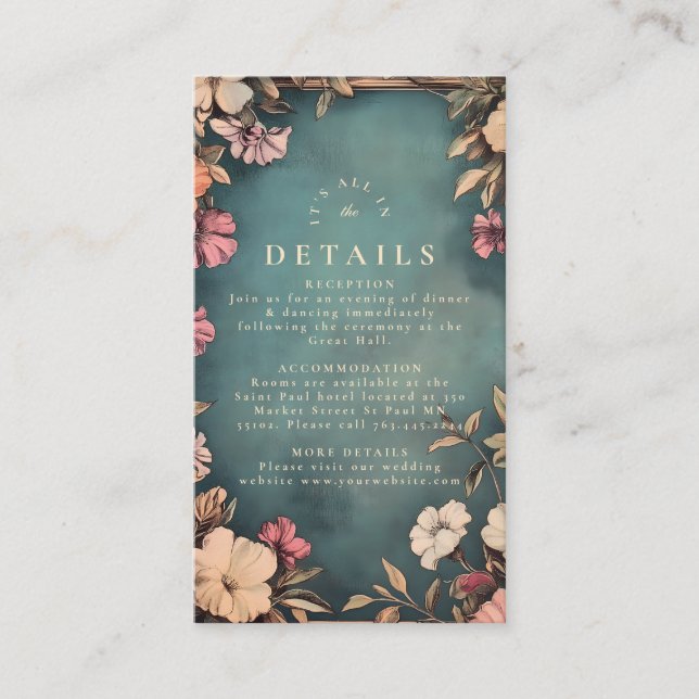 Vintage Teal Botanical Art Nouveau Wedding Enclosure Card (Front)