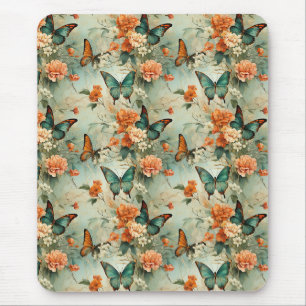 Vintage Teal Butterfly Orange Floral Garden Mouse Mat