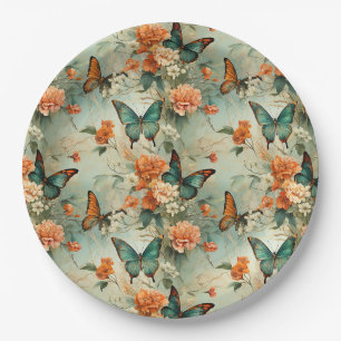 Vintage Teal Butterfly Orange Floral Garden Paper Plate