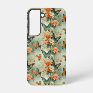 Vintage Teal Butterfly Orange Floral Garden Samsung Galaxy Case