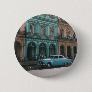 Vintage Teal Classic Car Old Havana Cuba Colonial  6 Cm Round Badge