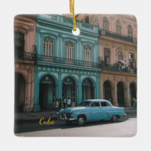 Vintage Teal Classic Car Old Havana Cuba Colonial Ceramic Ornament