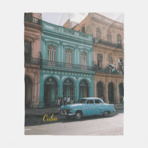 Vintage Teal Classic Car Old Havana Cuba Colonial Fleece Blanket