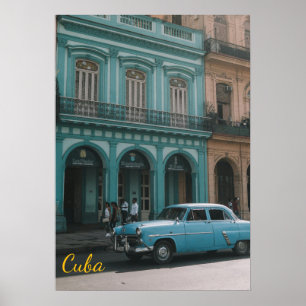 Vintage Teal Classic Car Old Havana Cuba Colonial Poster
