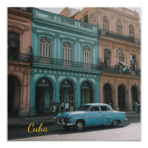Vintage Teal Classic Car Old Havana Cuba Colonial Poster