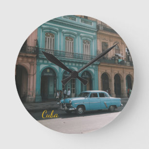 Vintage Teal Classic Car Old Havana Cuba Colonial  Round Clock