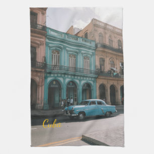 Vintage Teal Classic Car Old Havana Cuba Colonial Tea Towel
