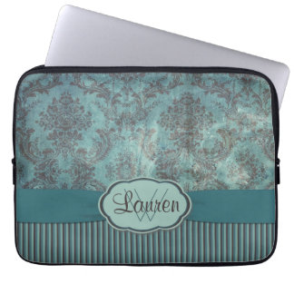 Vintage teal damask monogram laptop sleeve