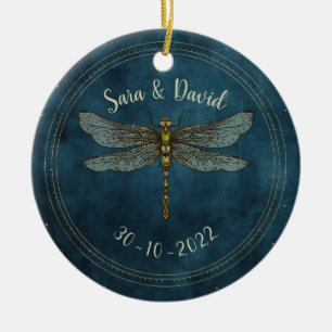 Vintage Teal Dark Gothic Dragonfly Couple Wedding Ceramic Tree Decoration