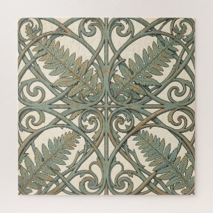 Vintage Teal Fern Art Nouveau Ornate Square Jigsaw Puzzle
