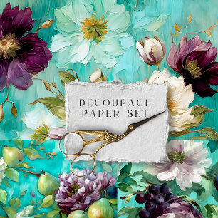 Vintage Teal Floral Furniture Decoupage Wrapping Paper Sheet