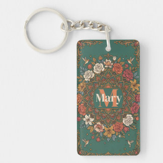 Vintage Teal Floral Mandala with Hummingbirds and Key Ring