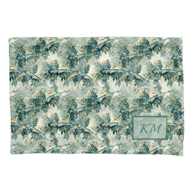 Vintage Teal Foliage Leaves Elegant Chic Design Pillowcase (Front)